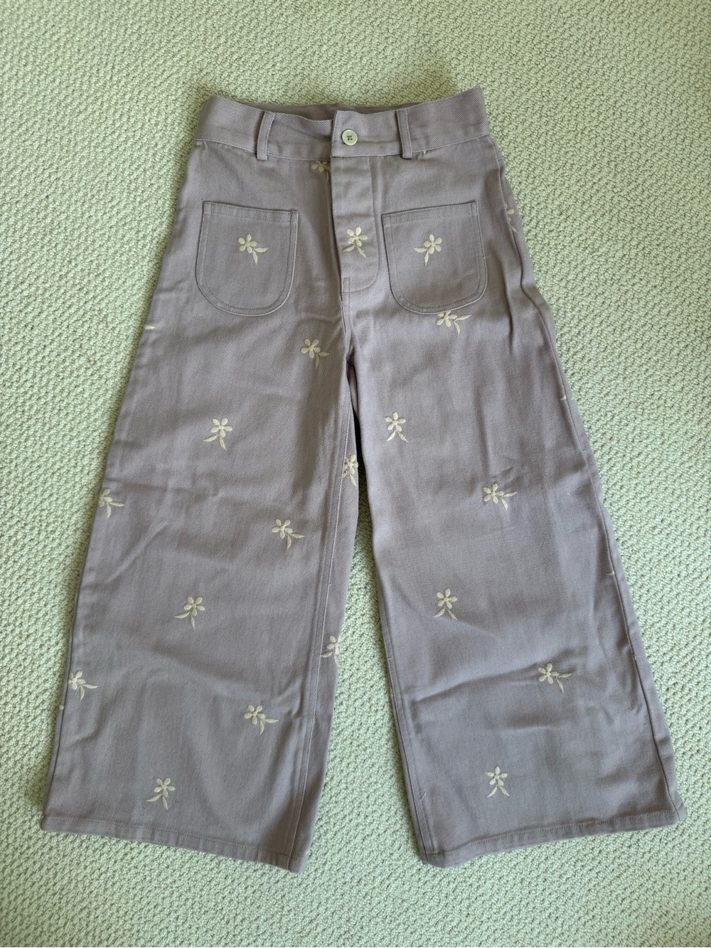 Apolina Wide-Leg Floral Embroidered Denim Pants, Lavender (7-9Y)
